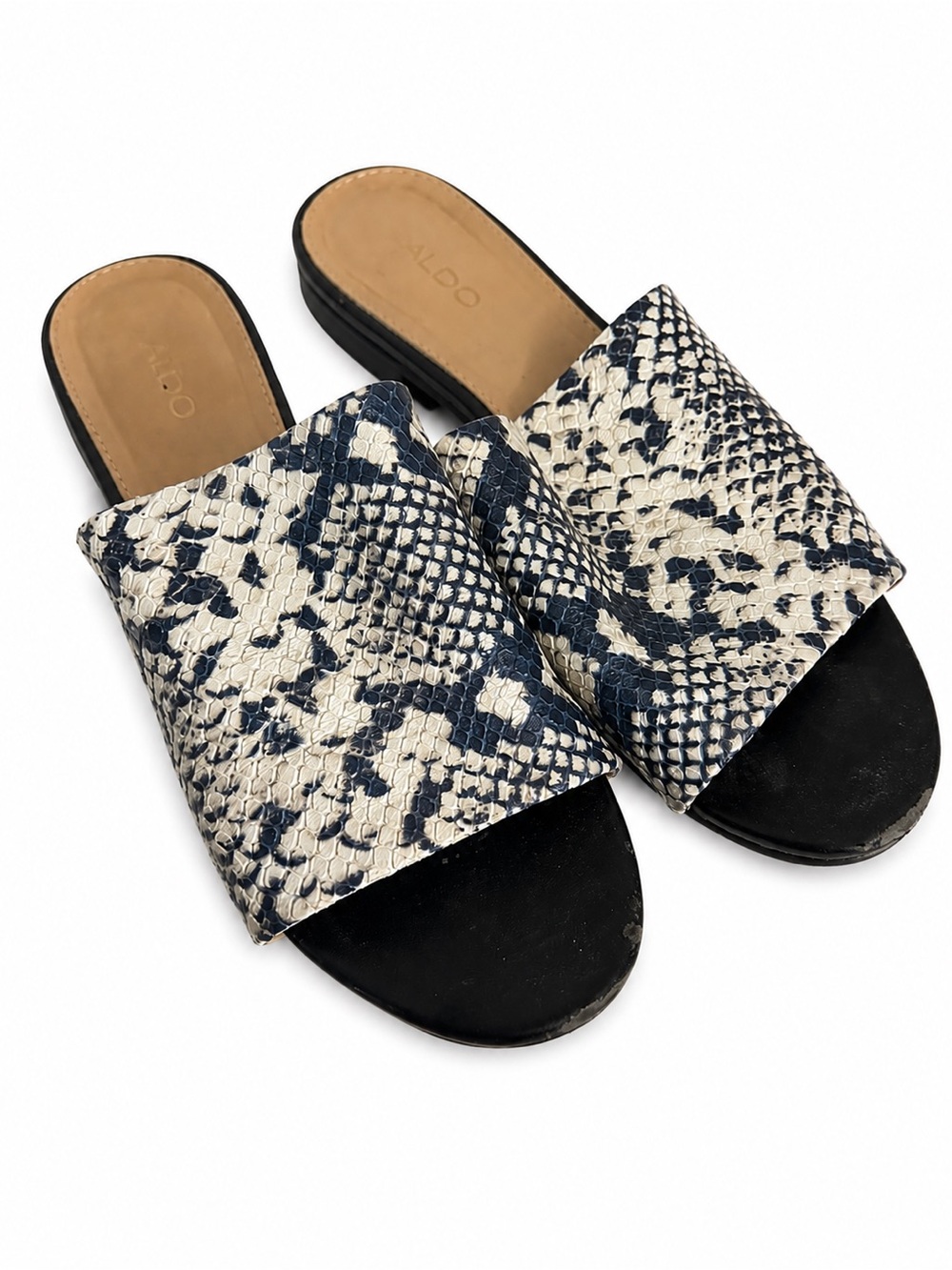 Aldo Blue & White Snakeskin Print Slide Sandals Size 8-8.5 (10" Length)